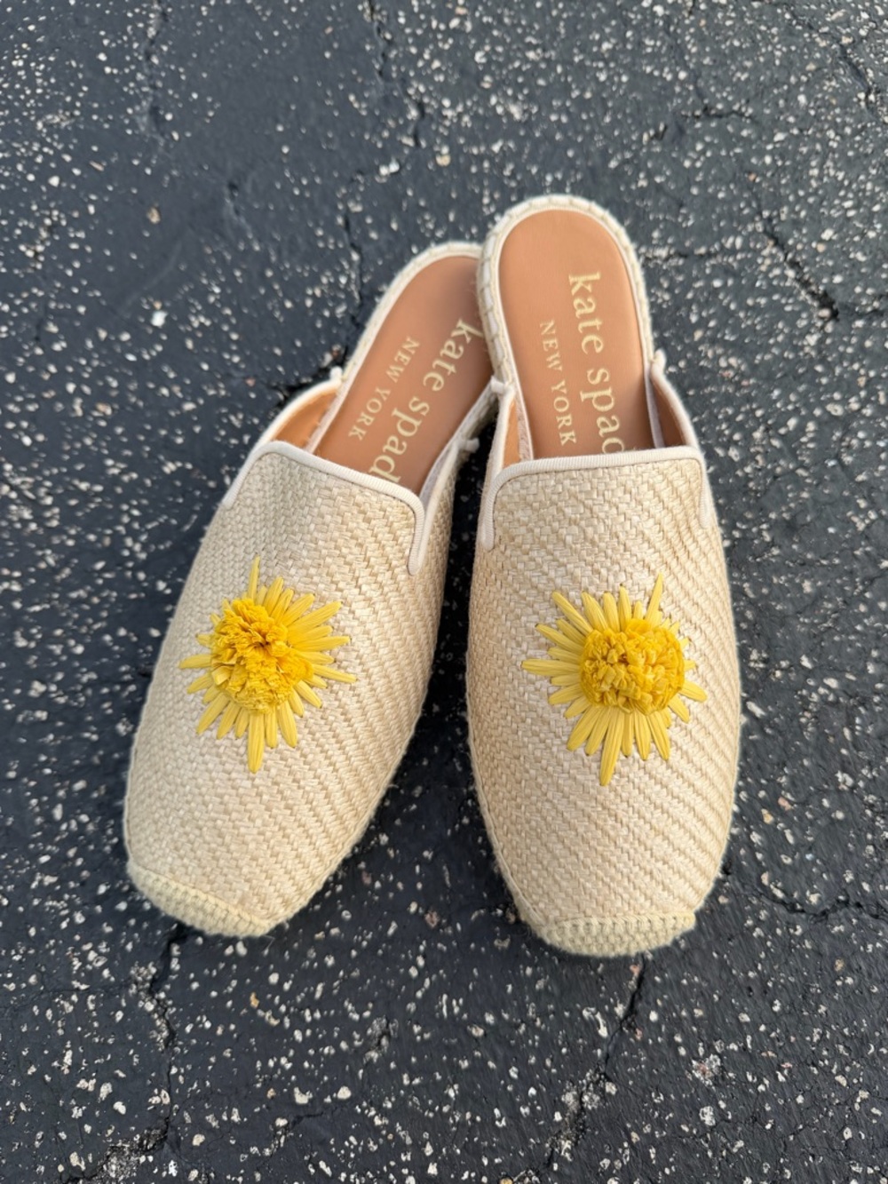 kate spade beige mule with yellow floral applique